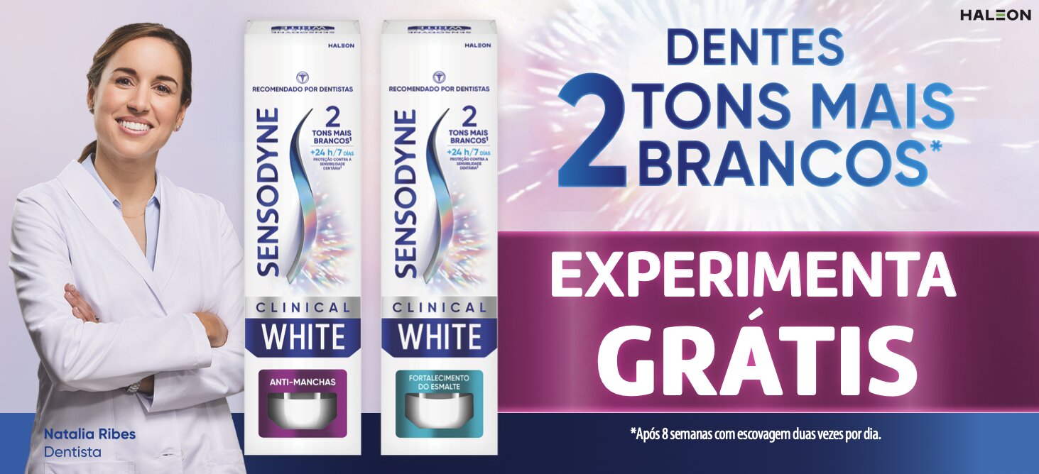 Banner Sensodyne Clinical White com dentista e promessa de dentes 2 tons mais brancos, experimente grátis